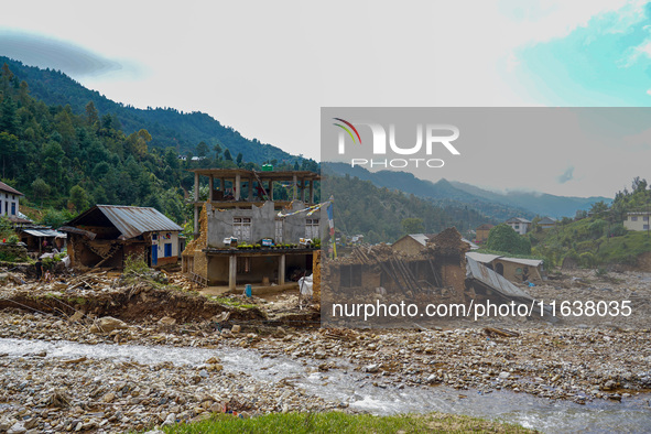 After the flood of the Nakhu River, many homes are damaged in the Bhardev region of southern Lalitpur, Nepal, on October 5, 2024. Homes are...