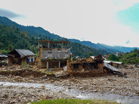 After the flood of the Nakhu River, many homes are damaged in the Bhardev region of southern Lalitpur, Nepal, on October 5, 2024. Homes are...