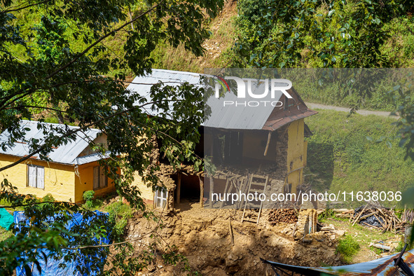 After the flood of the Nakhu River, many homes are damaged in the Bhardev region of southern Lalitpur, Nepal, on October 5, 2024. Homes are...