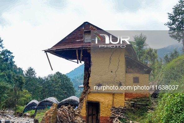 After the flood of the Nakhu River, many homes are damaged in the Bhardev region of southern Lalitpur, Nepal, on October 5, 2024. Homes are...