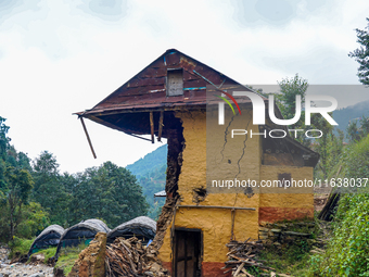 After the flood of the Nakhu River, many homes are damaged in the Bhardev region of southern Lalitpur, Nepal, on October 5, 2024. Homes are...