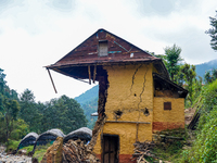 After the flood of the Nakhu River, many homes are damaged in the Bhardev region of southern Lalitpur, Nepal, on October 5, 2024. Homes are...