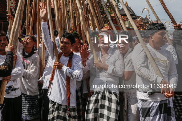 Balinese men make pyramid-like structures using long wooden sticks during the Mekotek ritual in Munggu Village, Bali, Indonesia, on October...