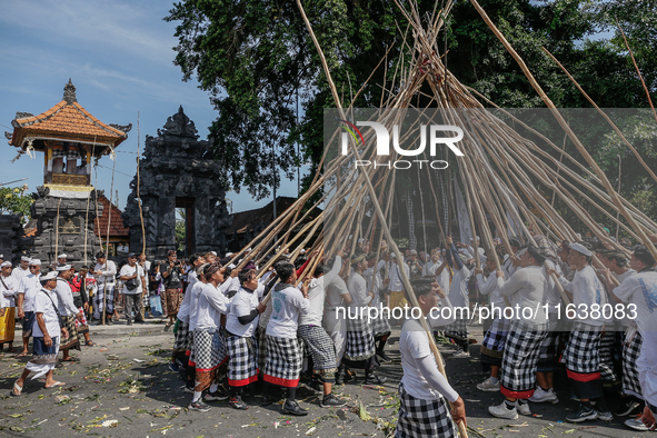 Balinese men make pyramid-like structures using long wooden sticks during the Mekotek ritual in Munggu Village, Bali, Indonesia, on October...