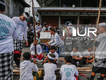 Balinese men carry long wooden sticks and take part in the Mekotek ritual in Munggu Village, Bali, Indonesia, on October 5, 2024. Mekotek is...