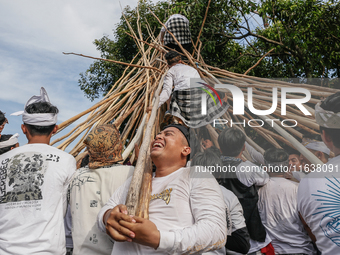 Balinese men climb pyramid-like structures using long wooden sticks during the Mekotek ritual in Munggu Village, Bali, Indonesia, on October...