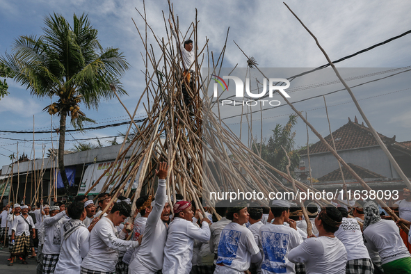 A Balinese man climbs pyramid-like structures using long wooden sticks during the Mekotek ritual in Munggu Village, Bali, Indonesia, on Octo...