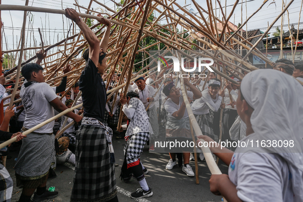 Balinese men make pyramid-like structures using long wooden sticks during the Mekotek ritual in Munggu Village, Bali, Indonesia, on October...