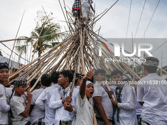 Balinese men make pyramid-like structures using long wooden sticks during the Mekotek ritual in Munggu Village, Bali, Indonesia, on October...