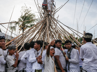 Balinese men make pyramid-like structures using long wooden sticks during the Mekotek ritual in Munggu Village, Bali, Indonesia, on October...