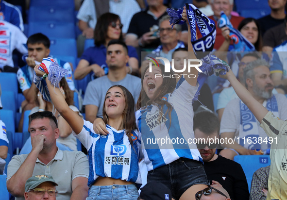 RCD Espanyol supporters attend the match between RCD Espanyol and RCD Mallorca during week 9 of LaLiga EA Sports at the RCDE Stadium in Barc...