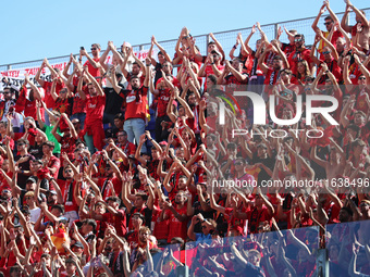 RCD Mallorca supporters attend the match between RCD Espanyol and RCD Mallorca during week 9 of LaLiga EA Sports at the RCDE Stadium in Barc...