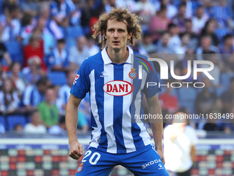 Alex Kral plays during the match between RCD Espanyol and RCD Mallorca in week 9 of LaLiga EA Sports at the RCDE Stadium in Barcelona, Spain...