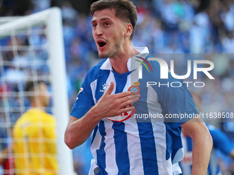 Marash Kumbulla celebrates a goal during the match between RCD Espanyol and RCD Mallorca in week 9 of LaLiga EA Sports, played at the RCDE S...