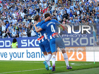 Marash Kumbulla celebrates a goal during the match between RCD Espanyol and RCD Mallorca in week 9 of LaLiga EA Sports, played at the RCDE S...