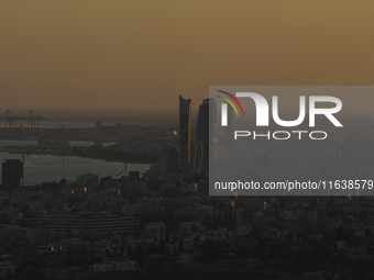 General view of the Mediterranean port of Limassol with skyscrapers at sunset. Cyprus, Saturday, October 5, 2024. (