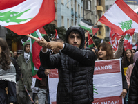 Demonstrators march through the streets of Sofia, Bulgaria, on October 5, 2024, against Israeli strikes in Gaza and Lebanon. (