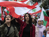 Demonstrators march through the streets of Sofia, Bulgaria, on October 5, 2024, against Israeli strikes in Gaza and Lebanon. (