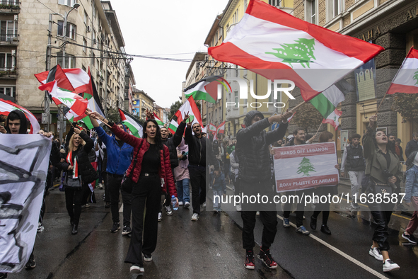 Demonstrators march through the streets of Sofia, Bulgaria, on October 5, 2024, against Israeli strikes in Gaza and Lebanon. 