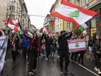 Demonstrators march through the streets of Sofia, Bulgaria, on October 5, 2024, against Israeli strikes in Gaza and Lebanon. (