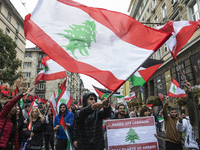 Demonstrators march through the streets of Sofia, Bulgaria, on October 5, 2024, against Israeli strikes in Gaza and Lebanon. (