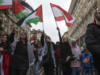 Demonstrators march through the streets of Sofia, Bulgaria, on October 5, 2024, against Israeli strikes in Gaza and Lebanon. (