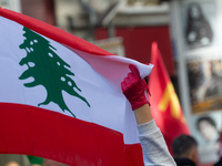 The Lebanon flag is seen as a thousand protesters take part in a protest demanding a ceasefire and opposing ongoing Israel attacks on Gaza i...