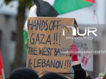 A thousand protesters take part in a protest demanding a ceasefire and opposing ongoing Israeli attacks on Gaza and Lebanon in Duesseldorf,...