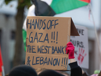 A thousand protesters take part in a protest demanding a ceasefire and opposing ongoing Israeli attacks on Gaza and Lebanon in Duesseldorf,...