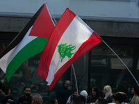 Lebanon and Palestine flags are seen as a thousand protesters take part in a protest demanding a ceasefire and opposing ongoing Israel attac...