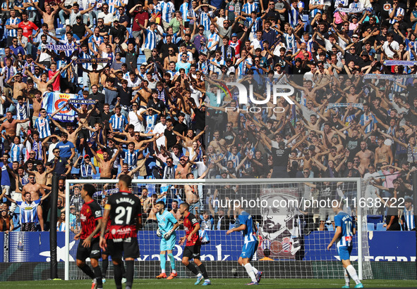 RCD Espanyol supporters attend the match between RCD Espanyol and RCD Mallorca during week 9 of LaLiga EA Sports at the RCDE Stadium in Barc...