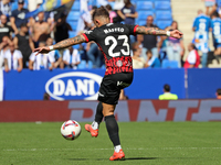 Pablo Maffeo plays during the match between RCD Espanyol and RCD Mallorca in week 9 of LaLiga EA Sports at the RCDE Stadium in Barcelona, Sp...