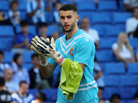 Joan Garcia plays during the match between RCD Espanyol and RCD Mallorca in week 9 of LaLiga EA Sports at the RCDE Stadium in Barcelona, Spa...