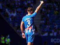 Sergi Gomez plays during the match between RCD Espanyol and RCD Mallorca in week 9 of LaLiga EA Sports at the RCDE Stadium in Barcelona, Spa...