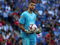 Joan Garcia plays during the match between RCD Espanyol and RCD Mallorca in week 9 of LaLiga EA Sports at the RCDE Stadium in Barcelona, Spa...