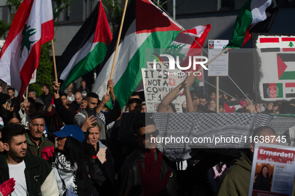 A thousand protesters take part in a protest demanding a ceasefire and opposing ongoing Israeli attacks on Gaza and Lebanon in Duesseldorf,...