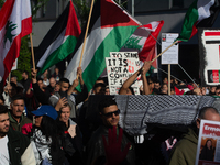 A thousand protesters take part in a protest demanding a ceasefire and opposing ongoing Israeli attacks on Gaza and Lebanon in Duesseldorf,...