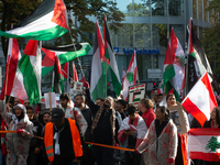 A thousand protesters take part in a protest demanding a ceasefire and opposing ongoing Israeli attacks on Gaza and Lebanon in Duesseldorf,...