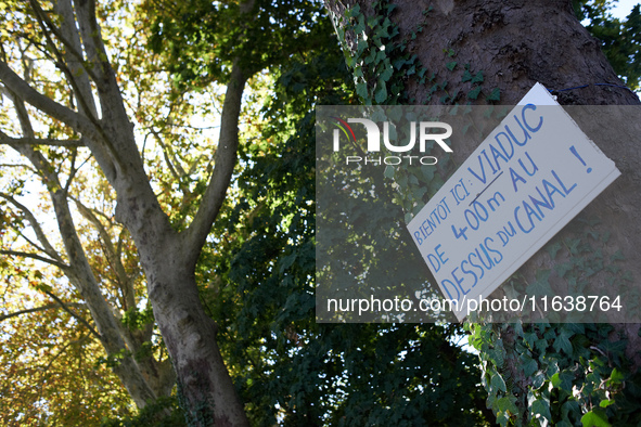 On a London plane, zadists place a placard reading 'Soon, here, a 400 meters viaduct above the Canal du Midi'. Zadists (i.e., development pr...