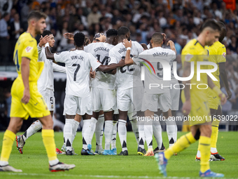 Players of Real Madrid CF (from L to R) Vinicius Junior, Aurelien Tchouameni, Antonio Rudiger, and Kylian Mbappe celebrate a goal during the...