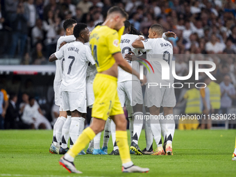 Players of Real Madrid CF (from L to R) Vinicius Junior, Aurelien Tchouameni, Antonio Rudiger, and Kylian Mbappe celebrate a goal during the...