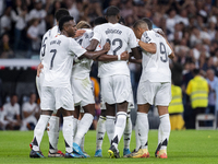 Players of Real Madrid CF (from L to R) Vinicius Junior, Aurelien Tchouameni, Antonio Rudiger, and Kylian Mbappe celebrate a goal during the...