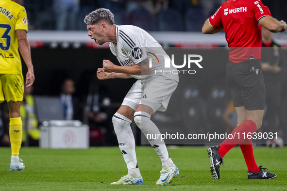 Federico Valverde of Real Madrid CF celebrates his goal during the La Liga EA Sports 2024/25 football match between Real Madrid CF and Villa...