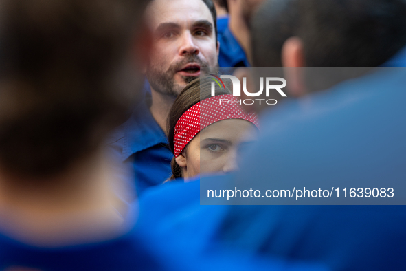 Castellers de Berga participate in the Concurs de Castells competition in Tarragona, Spain, on October 5, 2024. 