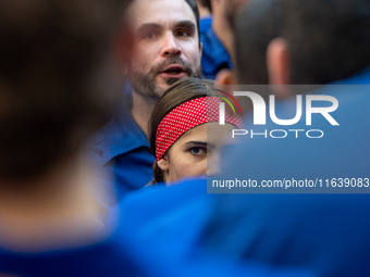 Castellers de Berga participate in the Concurs de Castells competition in Tarragona, Spain, on October 5, 2024. (