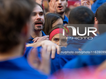 Castellers de Berga participate in the Concurs de Castells competition in Tarragona, Spain, on October 5, 2024. (