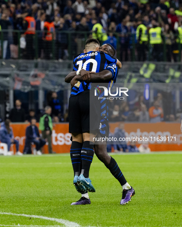 Lautaro Martinez and Marcus Thuram celebrate after scoring a goal during the Serie A football match between FC Internazionale and Torino FC...