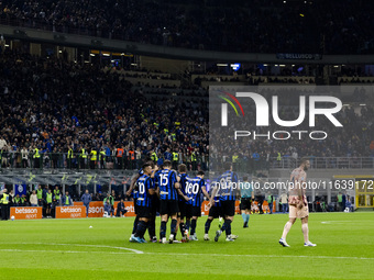 Marcus Thuram celebrates after scoring a goal during the Serie A football match between FC Internazionale and Torino FC at Stadio Giuseppe M...