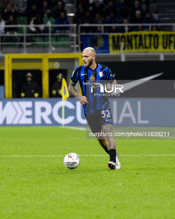 Federico Dimarco plays during the Serie A match between FC Internazionale and Torino FC at Stadio Giuseppe Meazza in Milano, Italy, on Octob...