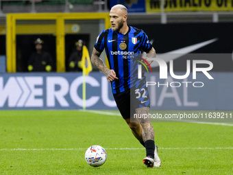 Federico Dimarco plays during the Serie A match between FC Internazionale and Torino FC at Stadio Giuseppe Meazza in Milano, Italy, on Octob...